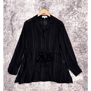 Pearl By Lela Rose Top XS Womens Black Long Sleeve Button Front Tie Waist Blouse